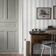 a desk and chair in a room with striped walls