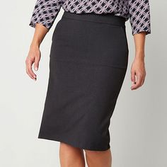 This Liz Claiborne women's pencil skirt is a classic style choice for a day of meetings or a casual event. Cut from smooth stretch-twill, this midi-length style has a flat front waist with a back zip closure. Complement it with a fine-knit sweater or blouse.Front Style: Flat FrontFeatures: Stretch FabricClosure Type: ZipperClosure Location: BackRise: Mid RiseApparel Length: 26 InchesFiber Content: 75% Polyester, 19% Rayon, 6% ElastaneFabric Description: Twill, WovenLining: LinedSkirt Length: Kne Petite Skirts, Tall Skirt, Fine Knit Sweater, Womens Pencil Skirts, Pencil Skirts, Liz Claiborne, A Line Skirts, Midi Length, Knit Sweater