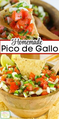 homemade pico de galloi in a wooden bowl with tortilla chips on the side