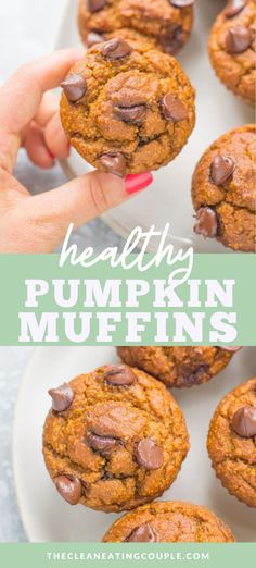 healthy pumpkin muffins on a plate with text overlay that reads healthy pumpkin muffins