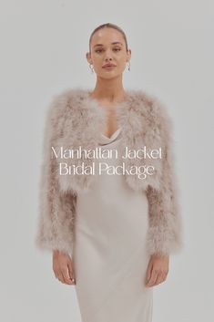 a woman in a white dress and fur coat with the words manhattan jacket bridal package