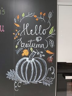 a chalkboard with the words hello autumn written on it