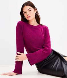 Cozy ribbed trim highlights this irresistibly chic flare sleeve style. Crew neck. Long sleeves.,Bullet1:Sweater weight: Midweight,Hit:Hit: Hits at hip,Imported:Imported,Fit:Fit: Relaxed — an easy shape that's just shy of loose,Length:24" long,Fabrication:62% Acrylic 35% Polyester 3% Spandex,Garment Care:Machine Washable Loft Ribtrim Flare Sleeve Sweater Size XL Dark Magenta Women's by Loft Size Regular - XL Dark Magenta Women's 62%, Acrylic, 35%, Polyester, 3%, Spandex, Machine, Washable Best Fall Sweaters Flare Sleeve Sweater, Dark Magenta, Hip Style, Easy Shape, Scarf Sale, Grey Outfit, Detailed Sweater, Blazer With Jeans, Sweater Sale