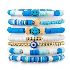 PRICES MAY VARY. Sky Blue Preppy Bracelets: The package comes with 7 pieces Heishi bracelets in different style. The bracelets set is collected and designed by kinds of special elements -beads, blue and white vinyl clay, smile, star, evil eye, and so on. Each of them is unique and attractive. Size Detail: The perimeter of stretch bracelets is about 6.2/7inch, which are suitable for most people wrist size. Besides, the bracelets are stretchable, it is convenient for your to wear and take off. Pre Heishi Bracelets, Layering Bracelets, Clay Bead Necklace, Beaded Braclets, Preppy Bracelets, Preppy Jewelry, Surfer Bracelets, Clay Bracelet, Diy Bracelet Designs