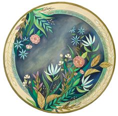 a painted plate with flowers and leaves on the bottom in gold trimmings, against a dark blue background