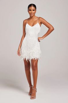 LOTTIE White Embellished Dress | NADINE MERABI White Beaded Dress, Nadine Merabi, Carrie White, Outfit Jeans, Fringe Dress, Feather Dress, Reception Dress, Embellished Dress, Beaded Dress