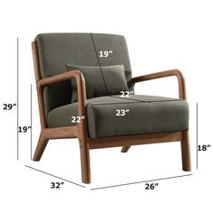 a chair with measurements for the seat and back, as well as an arm rest