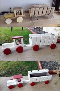 some kind of toy train that is made out of wooden pallets and red wheels