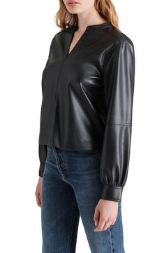 A minimalist silhouette combined with faux-leather fabrication gives versatility to this boxy top. 23 1/2" length Split neck Long sleeves 100% polyester with polyurethane coating Spot clean Imported Minimalist Top, Faux Leather Top, Minimalist Silhouette, Boxy Top, Fabric Gift Bags, Nordstrom Store, Fabric Gifts, Free Fabric, Black Fits