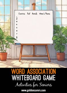 the word association board is in front of a window with potted plants on it