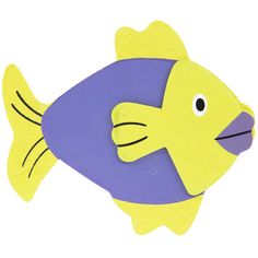 a blue and yellow fish cut out on a white background with the shape of a fish