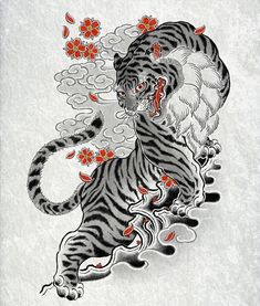 a drawing of a tiger attacking another tiger with flowers on it's back legs