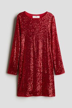 Long-sleeved dress in sequined mesh with a round neckline. Lined. Sequin Dress Red, H And M, Sequined Dress, Stylish Pants, Cardigan Sweater Jacket, Sweatshirt Set, Flare Leg Jeans, Sleeved Dress, Set Outfit