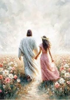 a painting of two people walking through a field