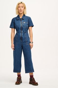 Ragan Jumpsuit: ORGANIC DENIM - Mid Wash Blue Emily J, Lucy And Yak, Boiler Suit, Denim Jumpsuit, Colored Denim, Long Legs, Shirt Collar, Body Fit, Classic Shirt