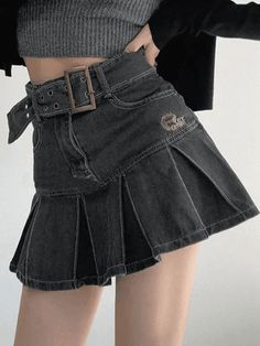 Buckle Belt Pleated Denim Mini Skirt – AnotherChill Grunge Mini Skirt With Pockets For Streetwear, Y2k High Waist Mini Skirt For Streetwear, Punk Style Mini Length Bottoms With Pockets, Grunge High-waisted Denim Skirt For Summer, Punk Mini Length Bottoms With Pockets, Punk High-waist Denim Skirt With Pockets, Punk Style Mini Bottoms With Pockets, Grunge High Waist Denim Skirt For Summer, Punk High Waist Denim Skirt With Pockets