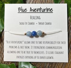 Blue Aventurine adjustable bracelet, blue aventurine healing bracelet, third eye and throat chakra bracelet, holistic jewelry Choose cord color from the menu.  Choose metal bead type from the menu. Adjustable size fits most adults and children. Easily adjusts down to the stones and fits small sizes easily. Contains 3, 6mm crystal beads and 4, 2mm metal accent beads. Adjustable bracelet with a labeled meaning card attached. Genuine blue aventurine with metal accents on an adjustable wax cord. Car Blue Spiritual Bracelet With Adjustable Cord, Spiritual Blue Bracelet With Adjustable Cord, Spiritual Blue Bracelets With Adjustable Cord, Blue Spiritual Friendship Bracelets With Sliding Knot, Blue Spiritual Friendship Bracelet With Sliding Knot, Blue Spiritual Healing Friendship Bracelets, Blue Resizable Spiritual Friendship Bracelets, Resizable Blue Spiritual Friendship Bracelet, Blue Handmade Friendship Bracelet For Healing