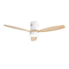 a white ceiling fan with two wooden blades