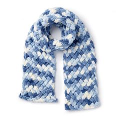 a blue and white knitted scarf on a white background with the words,'i love