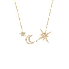 Birmingham Jewelry - 14K Yellow Gold Star/Moon Single Micro Pave Diamond Necklace - Birmingham Jewelry Celestial Diamond Star Charm Necklace, Celestial Crescent Necklace With Diamond Accents, Celestial 14k Gold Necklace With Star Charm, Celestial Diamond Necklace With Star Charm, Diamond Star Charm Necklace In Celestial Style, Celestial Yellow Gold Necklaces With Star Charm, Celestial Star Yellow Gold Necklace, Celestial Yellow Gold Star Necklace, Celestial Star-shaped Yellow Gold Necklace