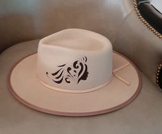 This beautiful wide brim, handmade hat is 100% wool. In a lovely tan color. Hand stitched brown cut out design. The brim is 3 inches and it has 4 inch teardrop crown.  Size: Medium Diy Hat Stand, Hat Burning, Mens Dress Hats, Diy Stencils, Head Crown, Hat Stand, Felt Cowboy Hats, Hat Stands, Diy Hat