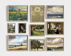 nine paintings hanging on the wall in different styles and sizes, each with an individual's own painting