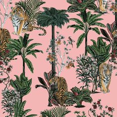 MUSE Wall Studio Tiger Tropics in Pink Jungle Landscape, Pink Office Decor, Pink And Green Wallpaper, Punch Pink, Business Branding Inspiration, Tiger Wallpaper, Jungle Wall, Gouache Paint, Room Painting