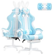 PRICES MAY VARY. 【CUTE RABBIT SHAPE】The uniqueness of Ferghana gaming chair is the kawaii bunny ears mounted on the top of the backrest and the fluffy rabbit tail on the back. The soft PU material with light blue and white color scheme is more playful, perfect as a gift for girls, kids or adults. The ears and tail are removable, so you can feel free to change them with your favorite accessories. 【COMFORTABLE ERGONOMICS】This high back gamer chair is designed to fit the curvature of human spine. T Blue Gaming Chair, Pc Gaming Chair, Gamer Chair, Chaise Gaming, Game Chair, Chair With Footrest, Computer Game, Leather Office, Blue Bunny