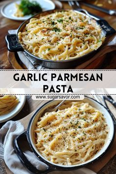 garlic parmesan pasta in a skillet on top of a wooden table with silverware