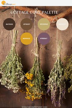 Various dried herbs hanging from a rustic branch. Cottagecore Wall Colors, Olive Green Color Palette Colour Schemes, Cottage Core Moodboard, Cottagecore Colors, Cottage Core Yellow, Cottage Core Color Palette, Cottage Core Interior Design, Cottagecore Color Palette, What Is Cottagecore