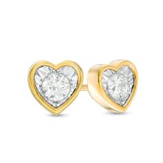 Send a romantic message with these diamond solitaire stud earrings. Crafted in warm 10K gold, each earring features a single diamond - artfully set to enhance size and sparkle - inside a bezel-look heart-shaped frame. Radiant with 1/6 ct. t.w. of diamonds and a brilliant buffed luster, these post earrings secure comfortably with friction backs. Classic Diamond Cut Heart Earrings For Anniversary, Diamond White Diamond Cut Heart Earrings For Anniversary, Yellow Gold Brilliant Cut Heart Earrings For Anniversary, Yellow Gold Heart Earrings With Brilliant Cut For Anniversary, Yellow Gold Earrings For Anniversary On Valentine's Day, Gold Solitaire Diamond Earrings Fine Jewelry, Gold Solitaire Diamond Earrings, Yellow Gold Earrings For Anniversary Or Valentine's Day, Valentine's Day Round Cut Diamond Earrings For Anniversary