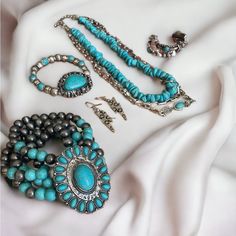 Shop Now For A Stylish Set Of Earrings, Bracelets, And Necklace Designed For The Cowgirl In Your Life. This New Boutique Jewelry Set Is Perfect For Adding A Touch Of Western Charm To Any Outfit. The Stretch Bracelets Ensure A Comfortable Fit, Making This Gift Set A Must-Have Accessory. Turquoise Jewelry With Silver Beads, Nickel Free Blue Southwestern Jewelry, Blue Natural Stones Jewelry, Cherry Drop Earrings, Czech Glass Necklace, Blue Topaz Jewelry, Topaz Jewelry, Gold Statement Necklace, Heart Brooch