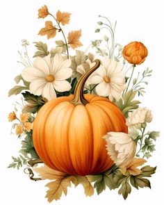 an orange pumpkin with white flowers and leaves on the bottom is surrounded by fall foliage