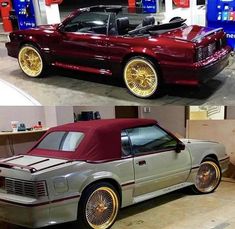 two pictures of the same car with gold rims and wheels, one is red