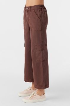 O'Neill Girl's pull-on woven pant 22'' Inseam Length, 10'' Rise Length Encased Elastic Waist Cargo Pockets Slash Pockets at Hip 100% Viscose Crinkle Brown Wide Leg Cargo Pants With Elastic Waistband, Brown Full-length Cargo Pants With Elastic Waistband, Brown Full Length Cargo Pants With Elastic Waistband, Summer Cargo Pants, Spring Suit, Swim Sets, One Piece Swim, Swim Dress, Board Shorts