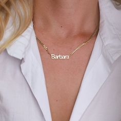 Celebrate a loved one with a luxurious 14K gold custom nameplate necklace! With exquisite personalization, this beautiful name jewelry is the perfect way to celebrate a birthday, anniversary, or special milestone. Make a lasting impression with this radiant, personalized name necklace and show your affection with unique style. Sterling Silver Name Necklace For Birthday Gift, Classic Customized Name Necklace For Mother's Day, Customized Classic Name Necklace For Mother's Day, Classic Customized Nameplate Necklace, Classic Custom Nameplate Necklace, Classic Nameplate Necklace For Personalized Gift, Customized Nameplate Necklaces For Anniversary, Elegant Custom Name Nameplate Necklace, Elegant Custom Nameplate Name Necklace