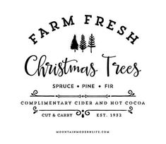 the farm fresh christmas trees logo is shown in black and white, with pine trees on it