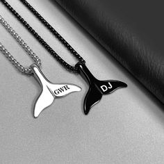 Whale Tail Pendant as a Symbol of Strength and Protection Personalize this charm with your initials or the initials of a loved one. This unique, high-quality handcrafted  ♥ Whale Tail Charm Necklace ♥    the personalized gift for you and your loved one  ♥ Elevate your elegance with our whale tail engraved charm, 22" box chain, and modern font to create a bold, classic look. The necklace is perfect for the everyday. The personalized whale tail necklace symbolizes protection, embodying strength an Personalized Black Stainless Steel Necklaces, Personalized Black Metal Necklaces, Personalized Black Pendant Jewelry, Personalized Black Pendant Necklace, Black Pendant Jewelry For Personalized Gift, Black Pendant Necklace For Personalized Gift, Customized Black Stainless Steel Necklace, Customizable Black Stainless Steel Necklaces, Black Personalized Initial Pendant Jewelry