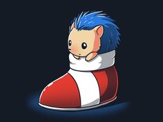 a cartoon character with blue hair sitting on top of a red and white sneaker