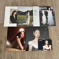 several photos of women in wedding gowns and hair accessories on a wooden table top