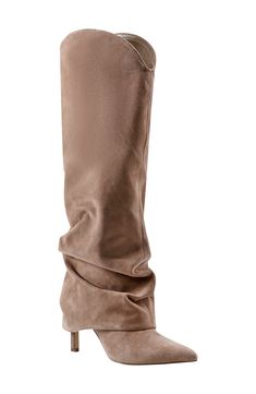 A slouchy shaft puts an exclamation point on the effortlessly chic design of a knee-high boot fashioned with a stiletto heel and pointy toe. 3 1/4" heel 15 1/2" shaft; 14 1/4" calf circumference Pull-on style Leather upper/textile and synthetic lining/synthetic sole Imported Chic Knee-length Evening Boots, Chic Wide Calf Knee-high Boots, Chic High Shaft Heeled Boots, Chic Knee-length Heeled Boots For Evening, Chic Knee-length Evening Heeled Boots, Hogwarts Dr, Boho Shoes, Exclamation Point, Kicks Shoes