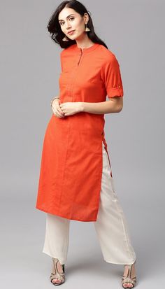 Flex Cotton Orange Colour Kurta with Offwhite Palazzo Plazo Suits, Curated Outfit, Kurta Style, Kurti Patterns, Kurti Designs Latest, Long Kurti Designs, Kurta Neck Design, Diy Clothes Design, Kurta Palazzo