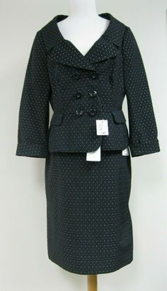 Introducing this chic skirt suit by Moschino Cheap and Chic.  Each piece is made from the same fabric (fiber label photographed).  The jacket is marked size 46.  The skirt is market size 44.  Both pieces are lined.  Each piece can stand on it's own. Double breasted  jacket w/ oversized notch collar Two rows of three buttons Two flap front pockets Cuffed sleeves Peplum waist A very unique jacket! Sz 46.  Jacket measures 21 inches long from center back.  Sleeves are 14 1/2 inches from armpit to he Tailored Career Skirt Suit With Buttons, Formal Fitted Skirt Suit With Button Closure, Fitted Skirt Suit With Buttons For Office, Fitted Skirt Suit With Button Closure For Formal Occasions, Fitted Semi-formal Skirt Suit With Buttons, Chic Fitted Skirt Suit With Button Closure, Tailored Semi-formal Skirt Suit With Buttons, Tailored Semi-formal Skirt Suit, Tailored Lined Skirt Suit For Workwear