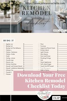 the kitchen remodel checklist is shown in white and blue with pink accents