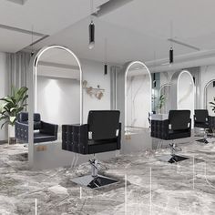 a room with chairs, mirrors and plants on the floor in it's center