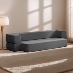 a gray couch sitting on top of a rug next to a lamp