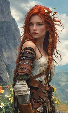 a woman with long red hair wearing armor and flowers in her hair, standing on a mountain