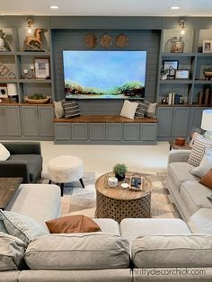 a living room filled with furniture and a flat screen tv mounted to the wall above it