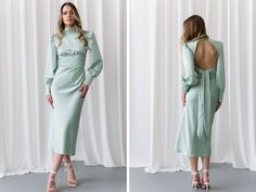 Gorgeous sage olive silk dress. Silk turtleneck dress with open back midi.Graduation dress. Wedding dress. Event backless dress. Material: Silk + polyester Colours: Ivory,Black, Milky, Sage, Dusty Rose SIZE/LENGTH: sleeve length 63 cm (24,8'') XS-123 cm (48,4'') S-123 cm (48,4'') M-123 cm (48,4'') L-123 cm (48,4'') Model on the Foto  170cm-66,92'', S size We can customize length for you as well. PRODUCT CARE  - It is recommended to handwash 30oC. -twist carefully  Feel Free to Ask Any Question about Sizing and Fit. FREE DELIVERY WORLWIDE! Fitted Backless Dress For Wedding Guest, Chic Fitted Backless Dress For Wedding Guest, Chic Green Backless Midi Dress, Elegant Long Sleeve Midi Dress With Tie Back, Midi Dress With Back Opening For Wedding, Elegant Midi-length Backless Wedding Dress, Elegant High Neck Dress With Keyhole Back, Spring Backless Dress For Wedding Guest, Elegant Backless Midi Wedding Dress