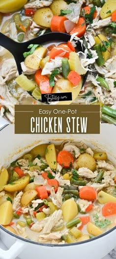 chicken stew with potatoes, carrots and celery in a white pot